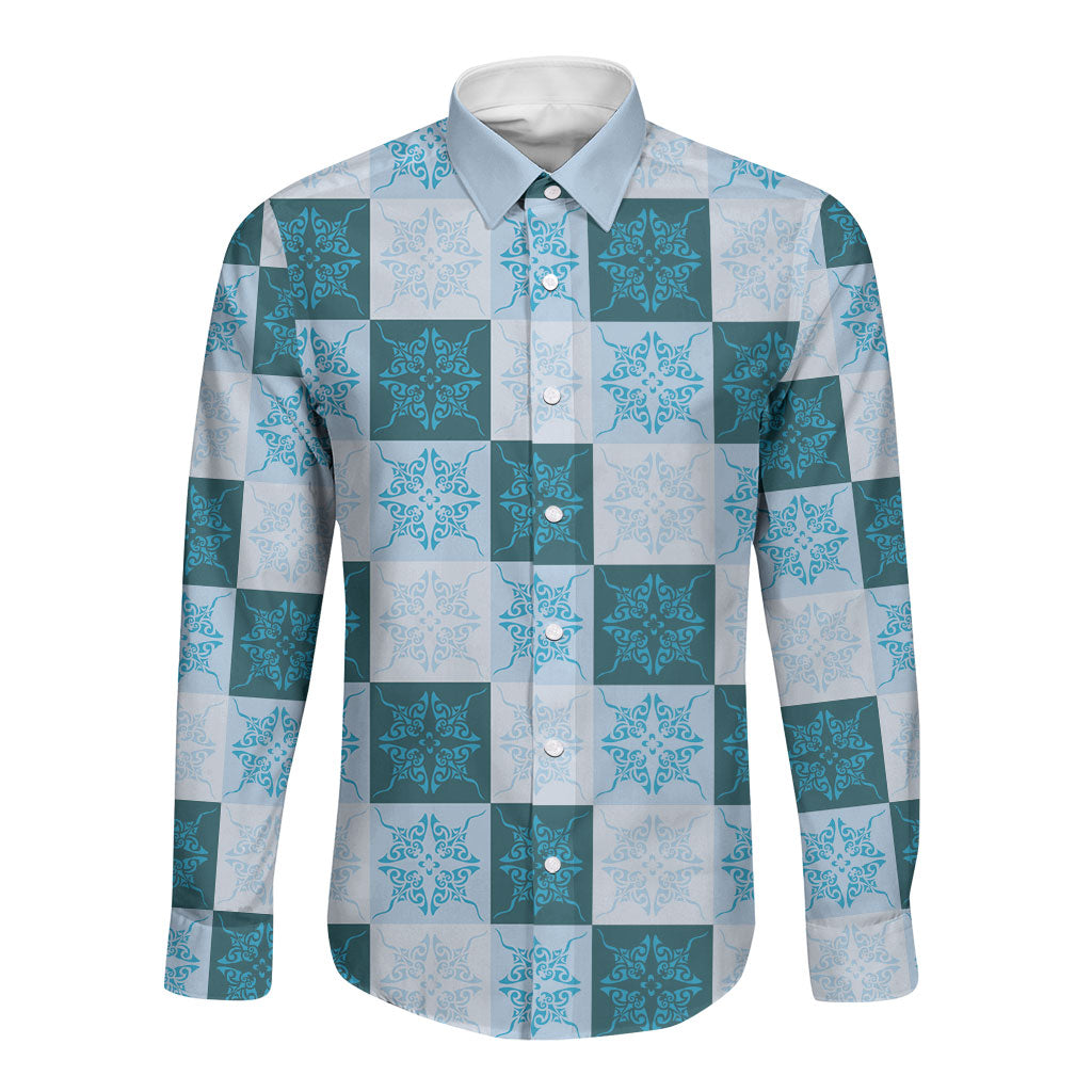 Cyan Manta Ray Hawaiian Quilt Motif Long Sleeve Button Shirt