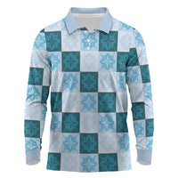 Cyan Manta Ray Hawaiian Quilt Motif Long Sleeve Polo Shirt
