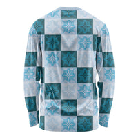 Cyan Manta Ray Hawaiian Quilt Motif Long Sleeve Shirt