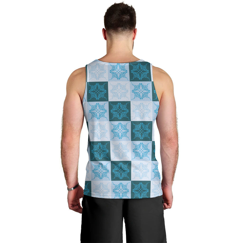 Cyan Manta Ray Hawaiian Quilt Motif Men Tank Top