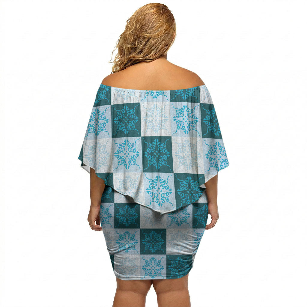 Cyan Manta Ray Hawaiian Quilt Motif Off Shoulder Short Dress