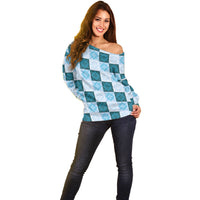 Cyan Manta Ray Hawaiian Quilt Motif Off Shoulder Sweater