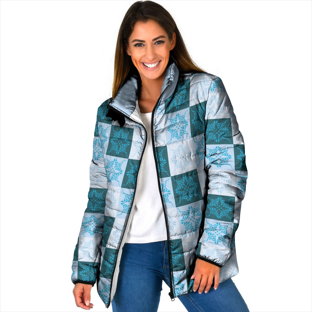 Cyan Manta Ray Hawaiian Quilt Motif Padded Jacket