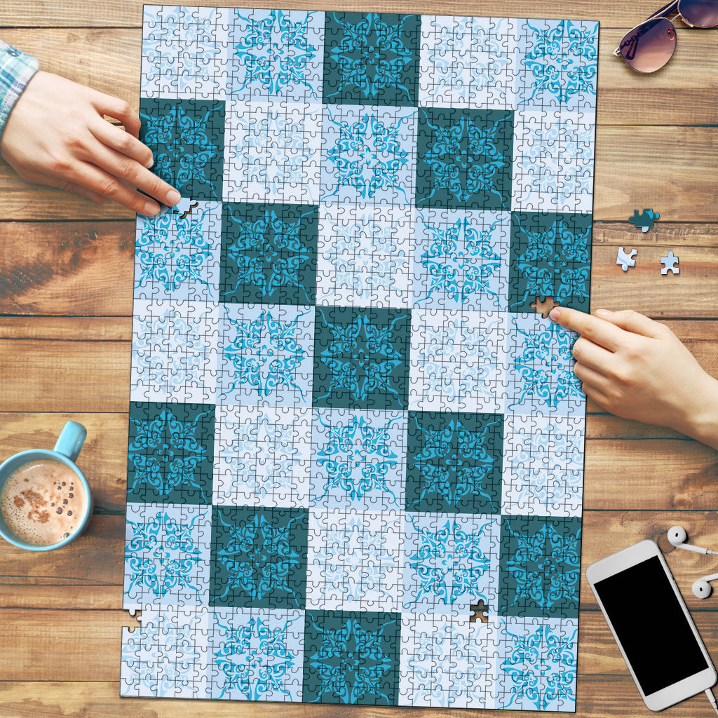 Cyan Manta Ray Hawaiian Quilt Motif Puzzle