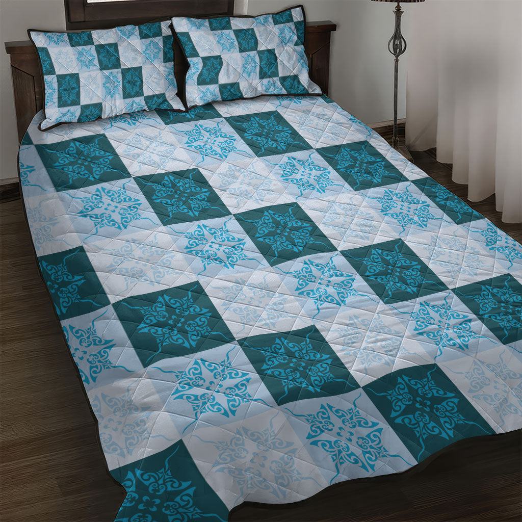 Cyan Manta Ray Hawaiian Quilt Motif Quilt Bed Set LT05 Blue - Polynesian Pride