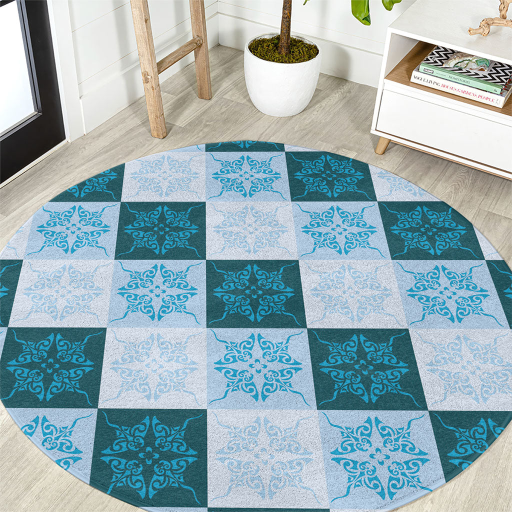 Cyan Manta Ray Hawaiian Quilt Motif Round Carpet