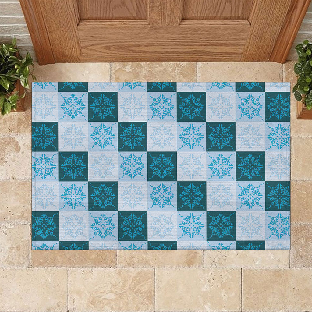 Cyan Manta Ray Hawaiian Quilt Motif Rubber Doormat