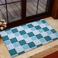 Cyan Manta Ray Hawaiian Quilt Motif Rubber Doormat
