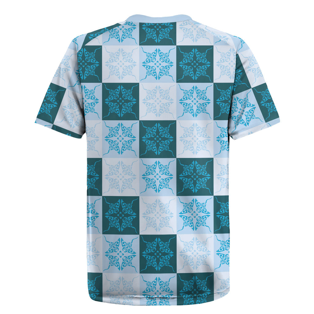 Cyan Manta Ray Hawaiian Quilt Motif Rugby Jersey