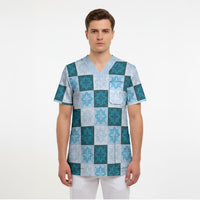 Cyan Manta Ray Hawaiian Quilt Motif Scrub Top
