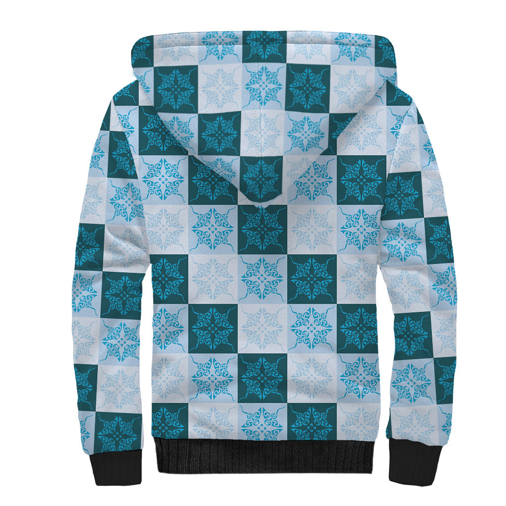 Cyan Manta Ray Hawaiian Quilt Motif Sherpa Hoodie