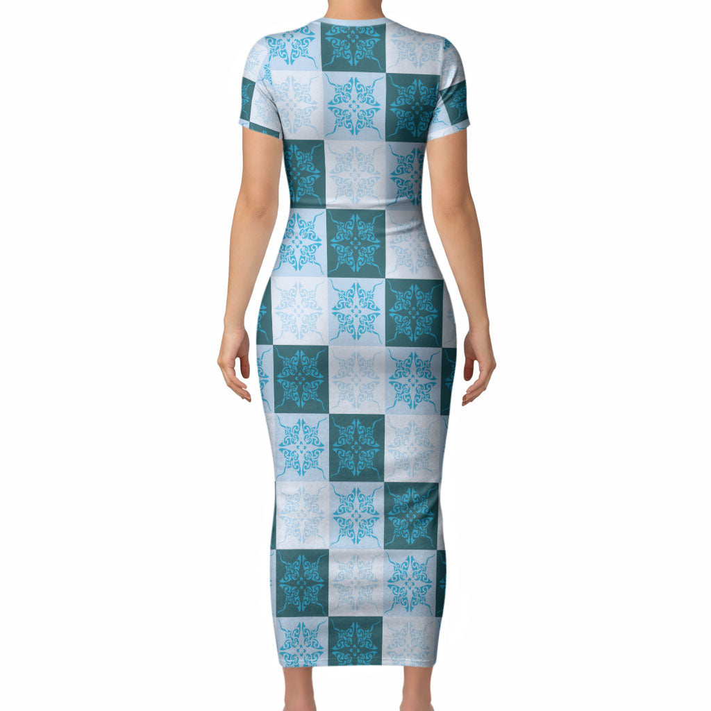 Cyan Manta Ray Hawaiian Quilt Motif Short Sleeve Bodycon Dress