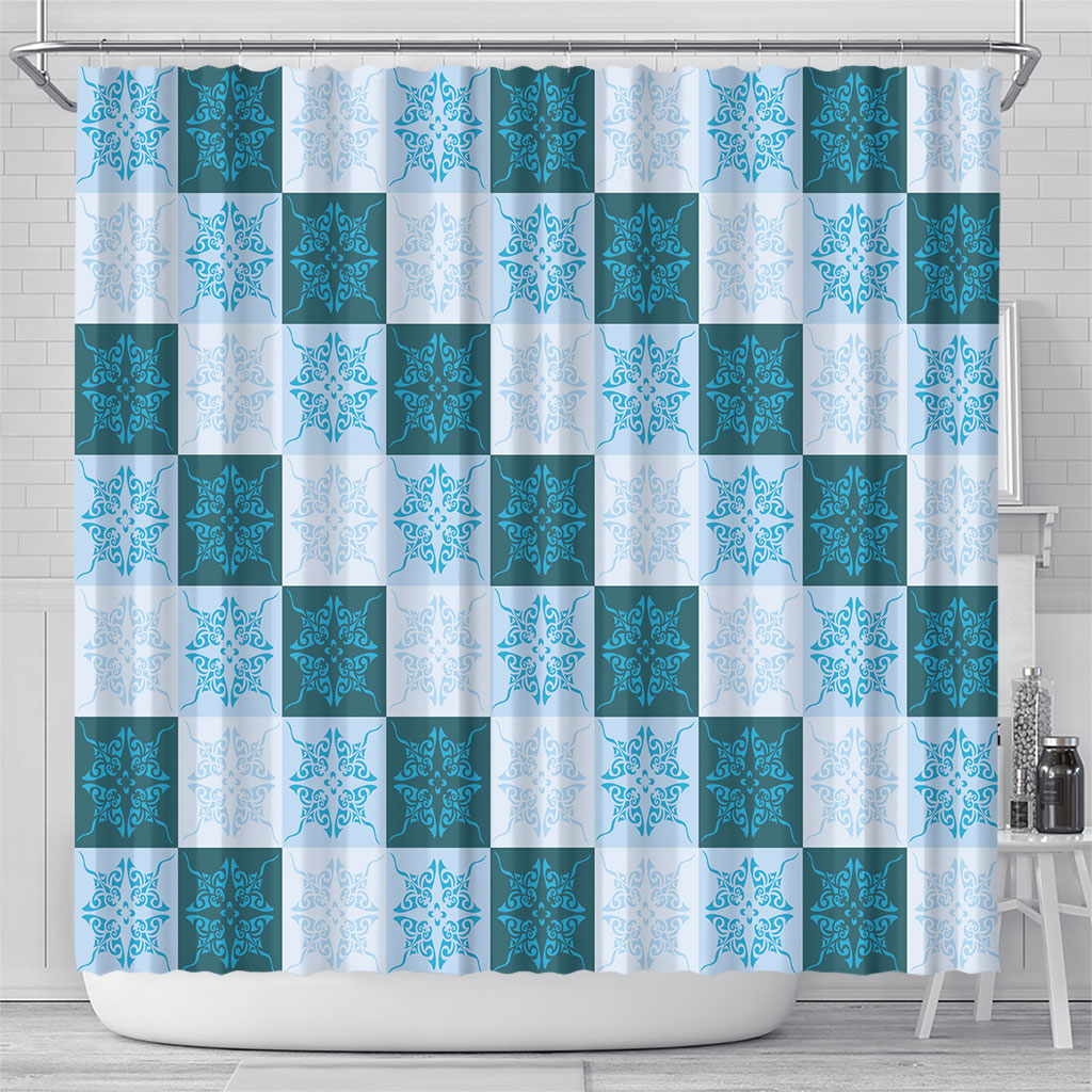 Cyan Manta Ray Hawaiian Quilt Motif Shower Curtain