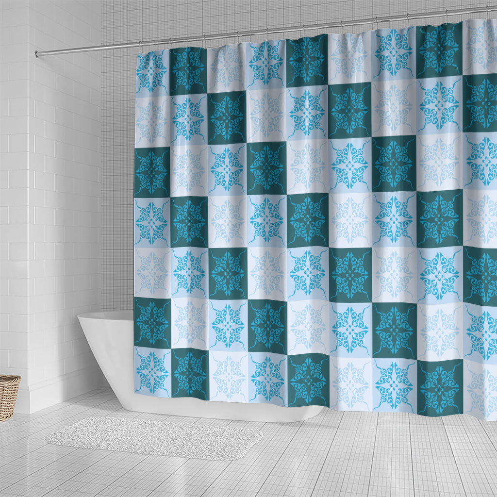 Cyan Manta Ray Hawaiian Quilt Motif Shower Curtain