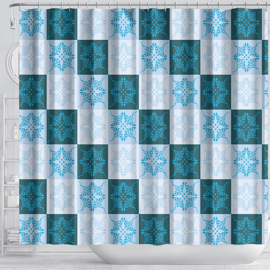 Cyan Manta Ray Hawaiian Quilt Motif Shower Curtain