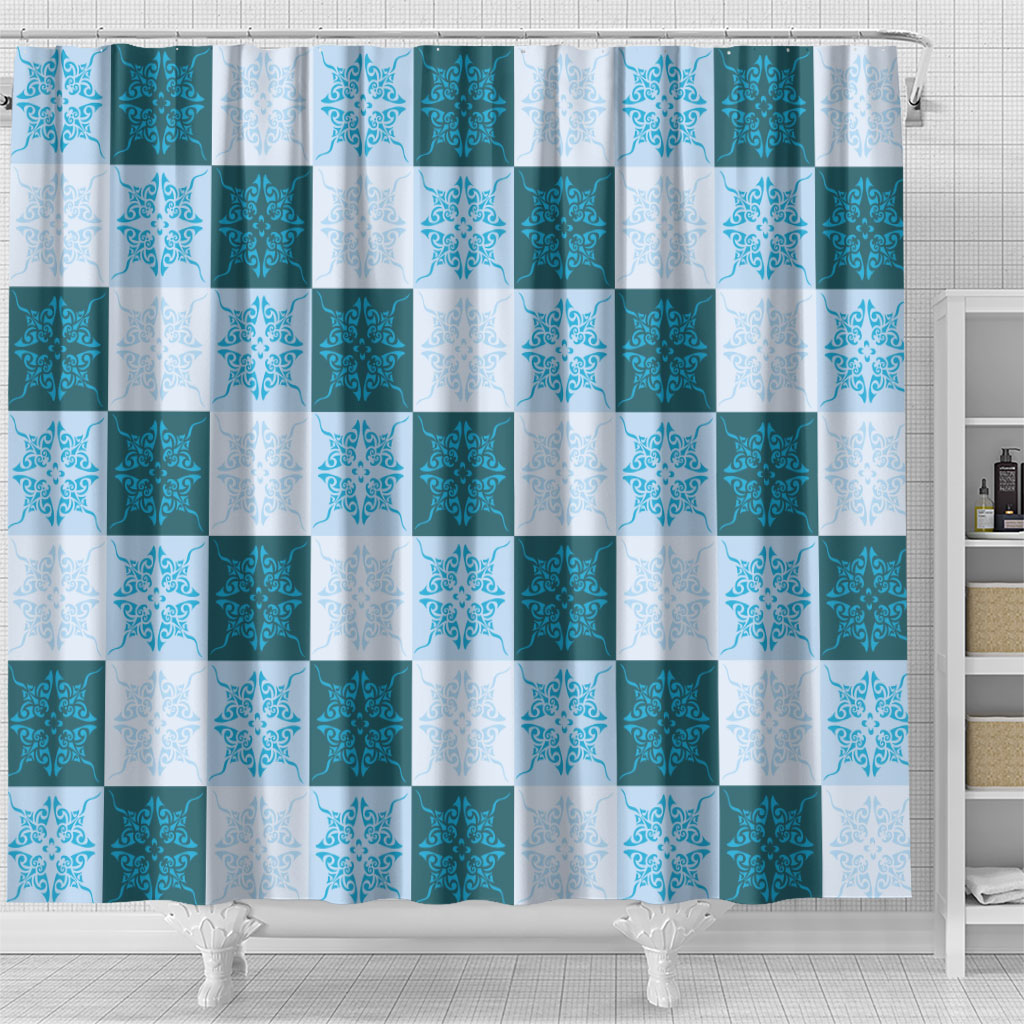 Cyan Manta Ray Hawaiian Quilt Motif Shower Curtain