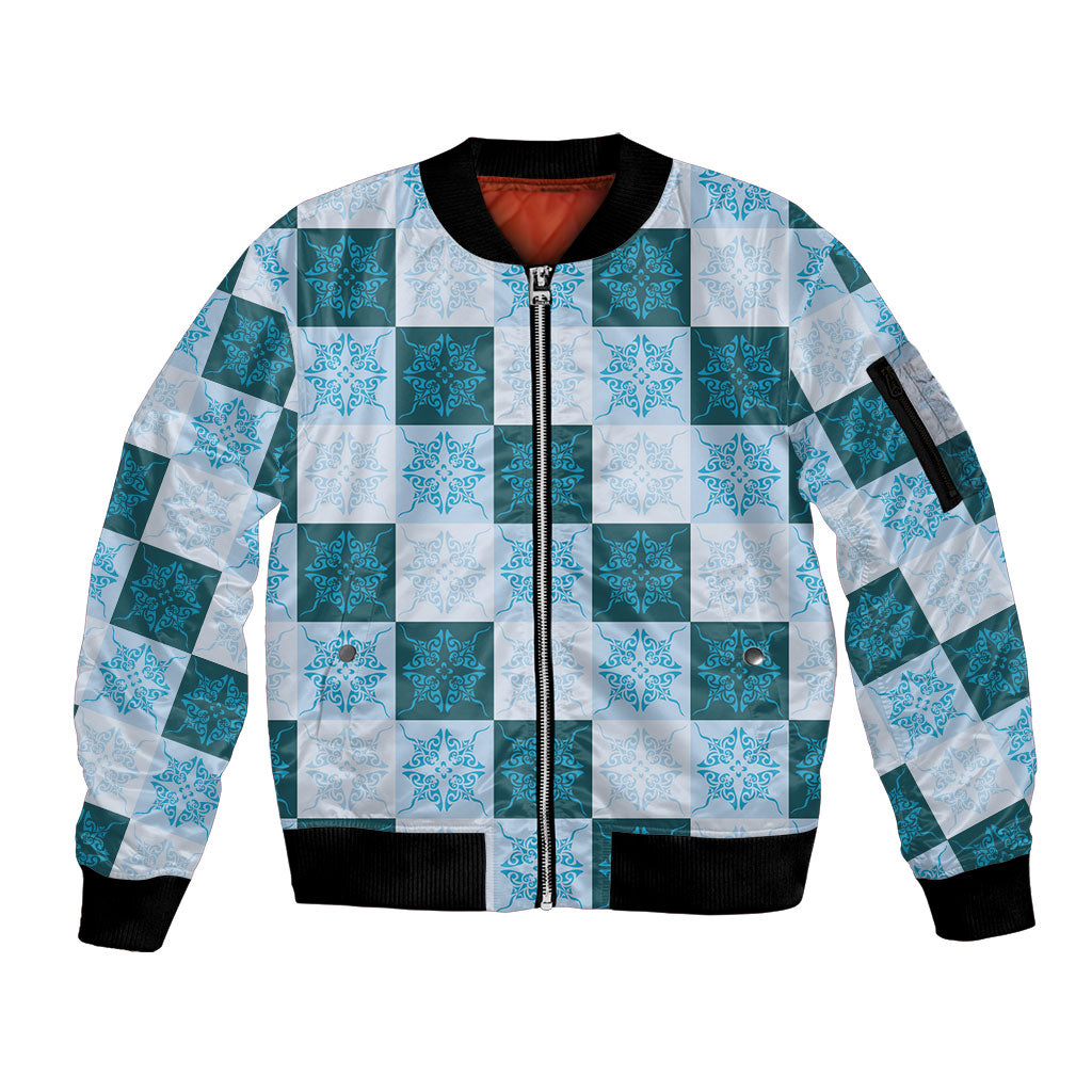 Cyan Manta Ray Hawaiian Quilt Motif Sleeve Zip Bomber Jacket