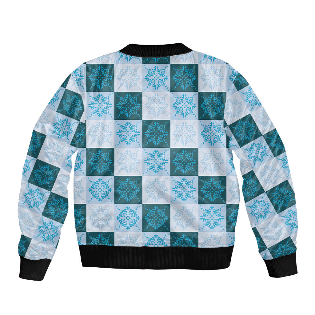 Cyan Manta Ray Hawaiian Quilt Motif Sleeve Zip Bomber Jacket
