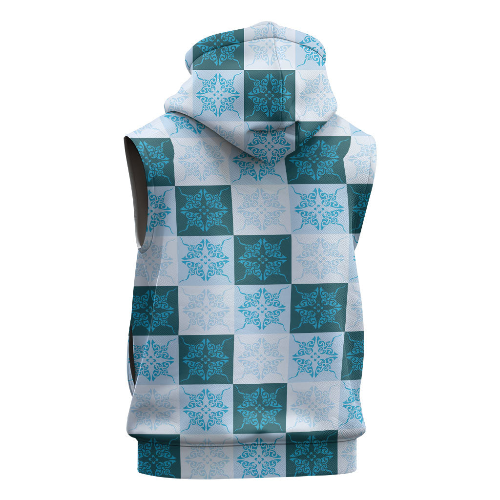 Cyan Manta Ray Hawaiian Quilt Motif Sleeveless Zip Hoodie