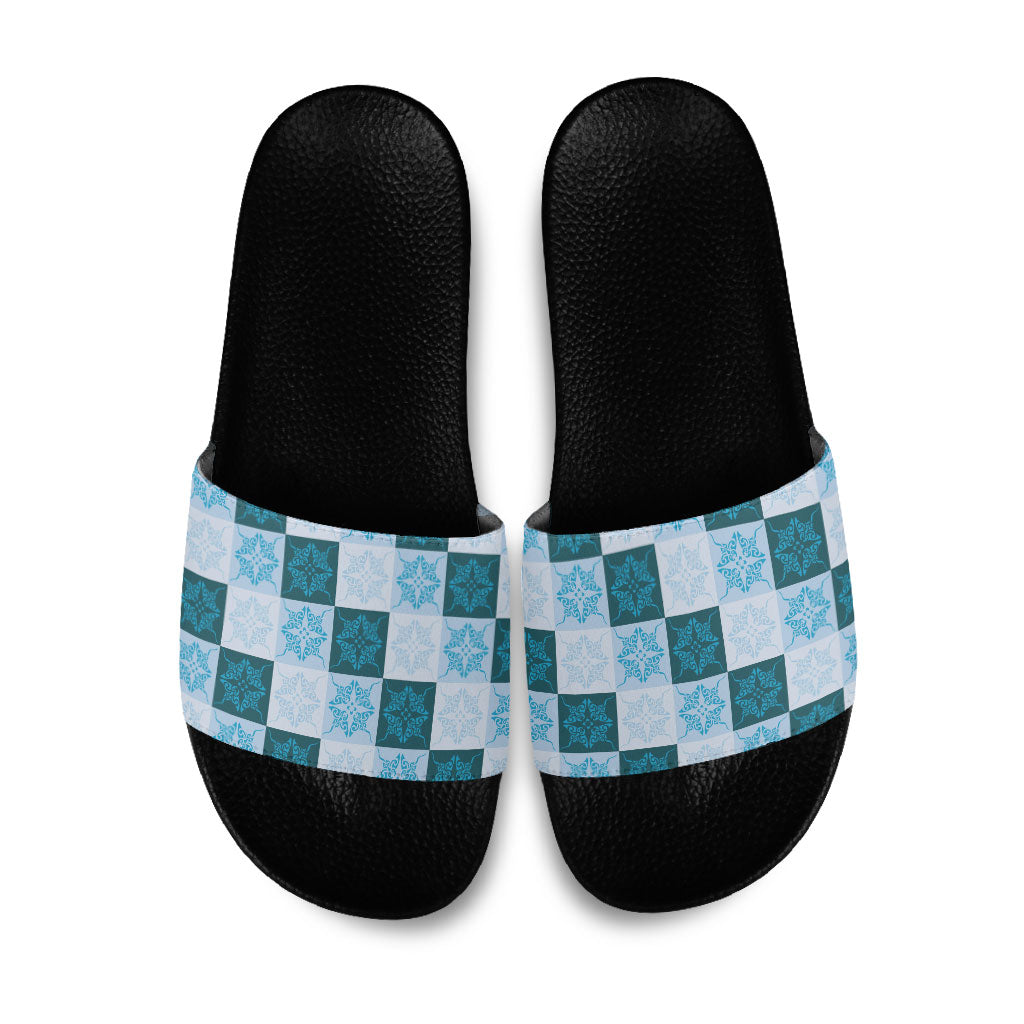 Cyan Manta Ray Hawaiian Quilt Motif Slide Sandals LT05 Blue - Polynesian Pride