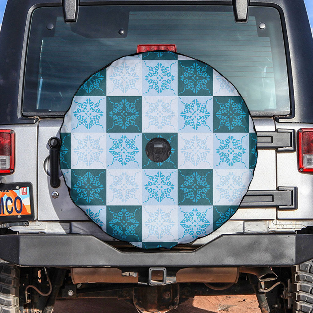 Cyan Manta Ray Hawaiian Quilt Motif Spare Tire Cover
