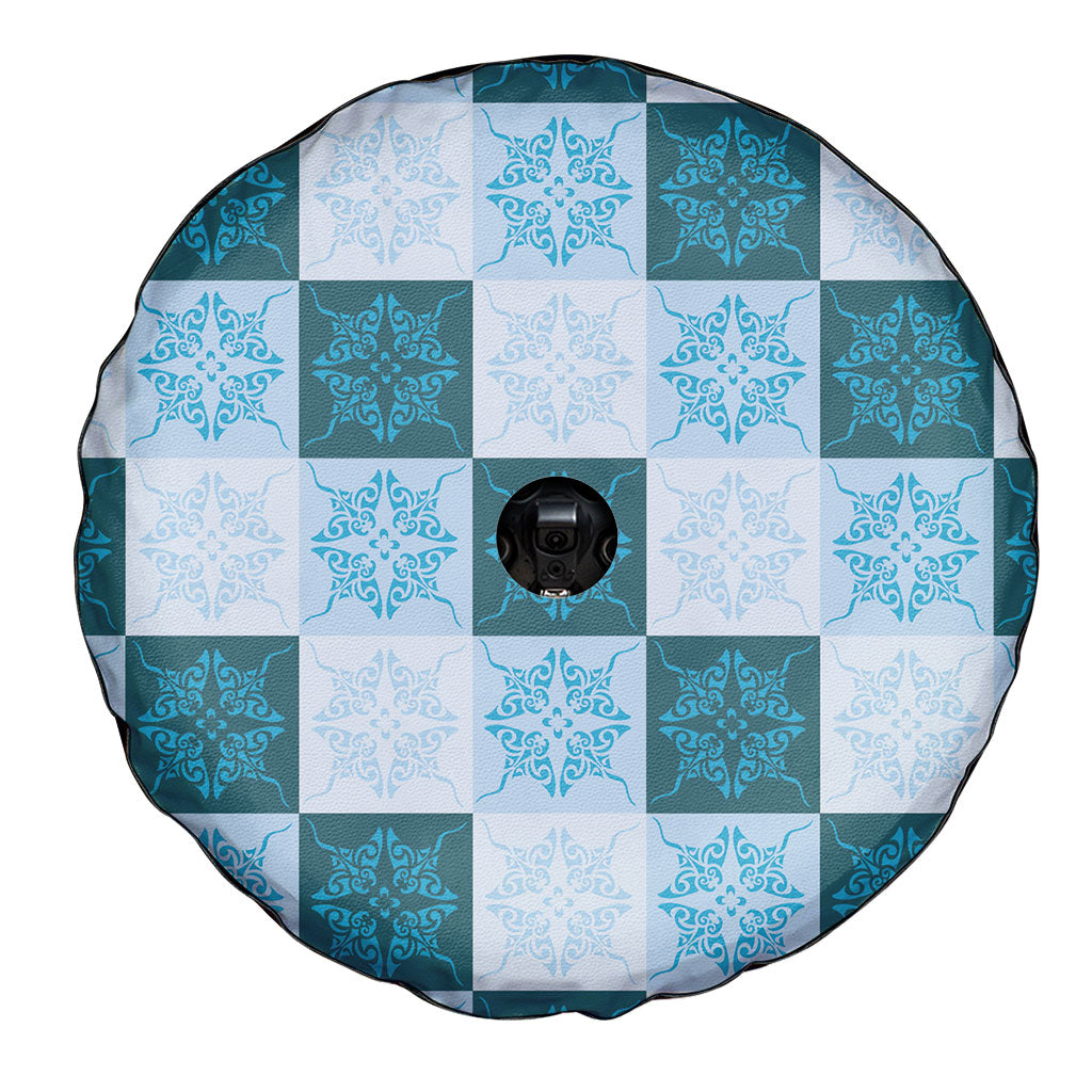 Cyan Manta Ray Hawaiian Quilt Motif Spare Tire Cover