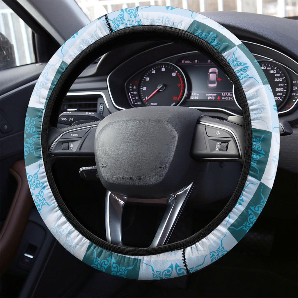 Cyan Manta Ray Hawaiian Quilt Motif Steering Wheel Cover