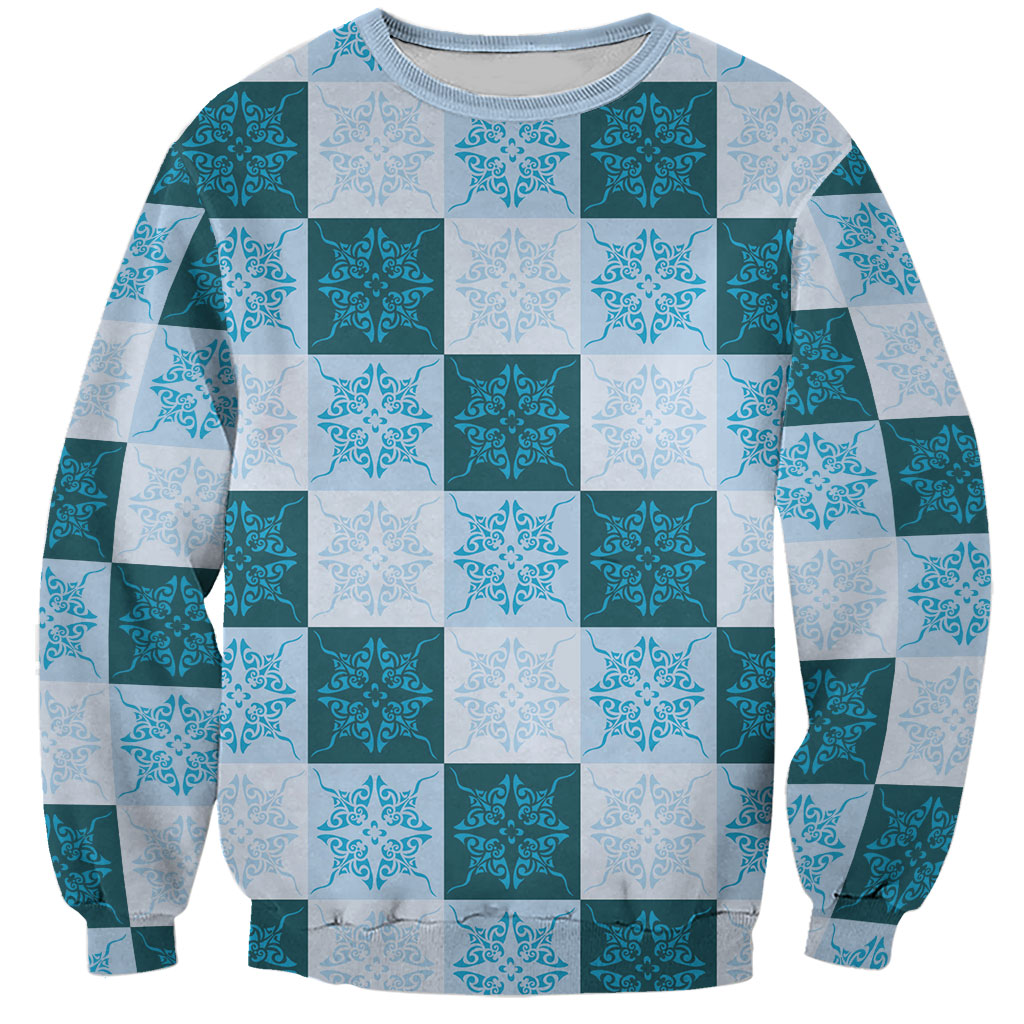Cyan Manta Ray Hawaiian Quilt Motif Sweatshirt
