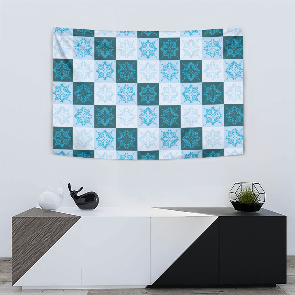 Cyan Manta Ray Hawaiian Quilt Motif Tapestry