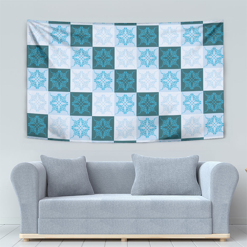 Cyan Manta Ray Hawaiian Quilt Motif Tapestry