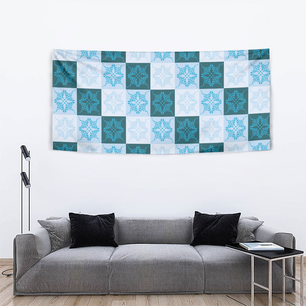 Cyan Manta Ray Hawaiian Quilt Motif Tapestry
