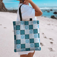 Cyan Manta Ray Hawaiian Quilt Motif Tote Bag