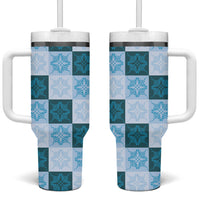 Cyan Manta Ray Hawaiian Quilt Motif Tumbler With Handle