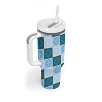 Cyan Manta Ray Hawaiian Quilt Motif Tumbler With Handle