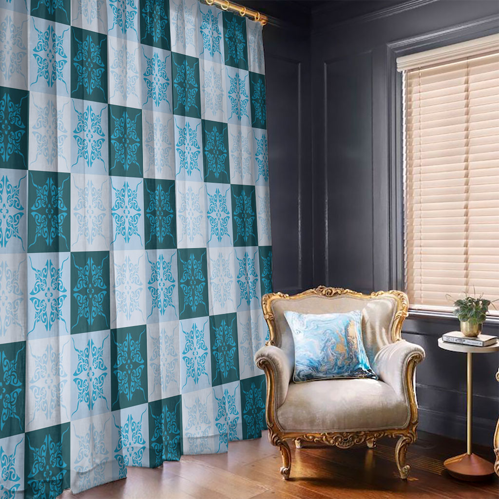 Cyan Manta Ray Hawaiian Quilt Motif Window Curtain