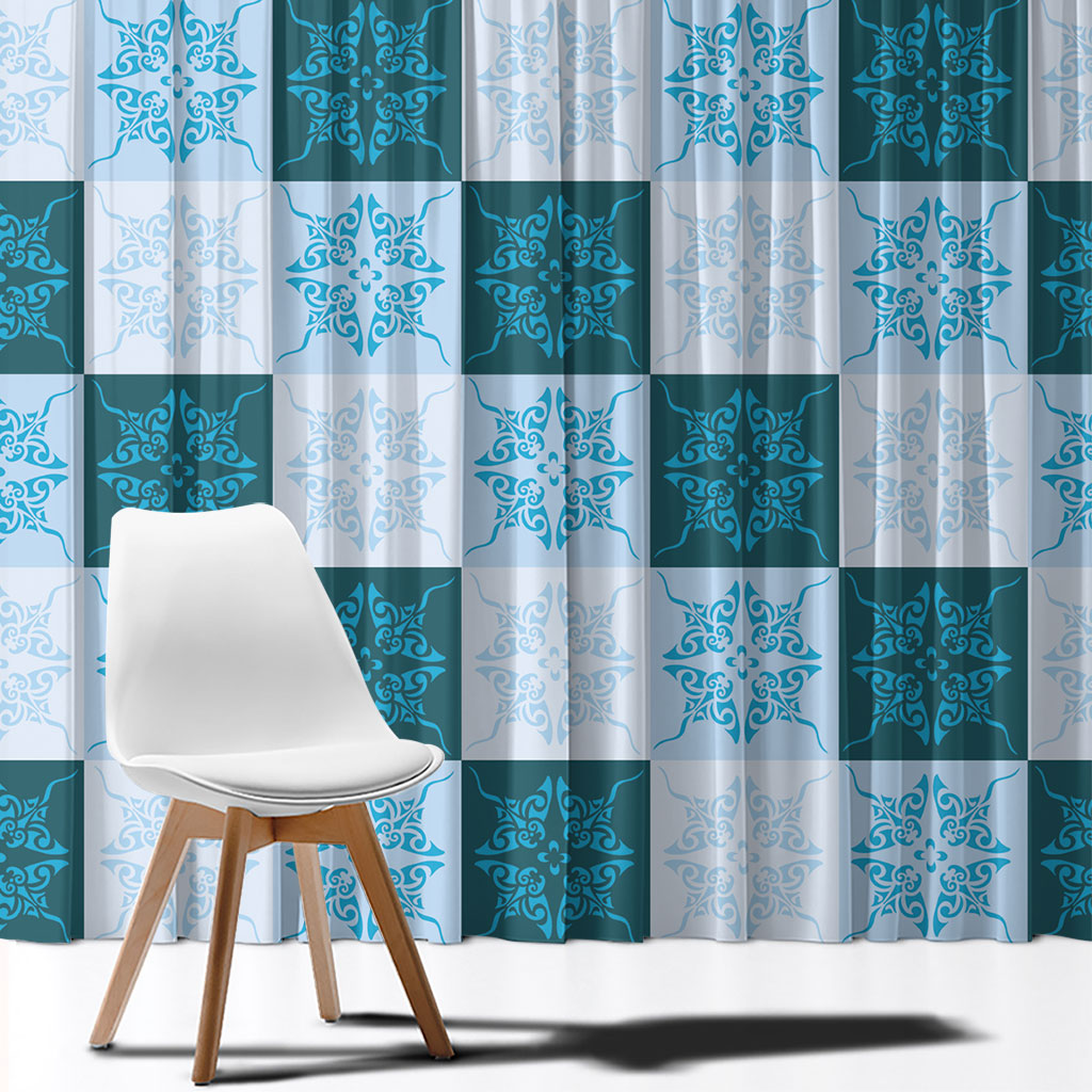 Cyan Manta Ray Hawaiian Quilt Motif Window Curtain