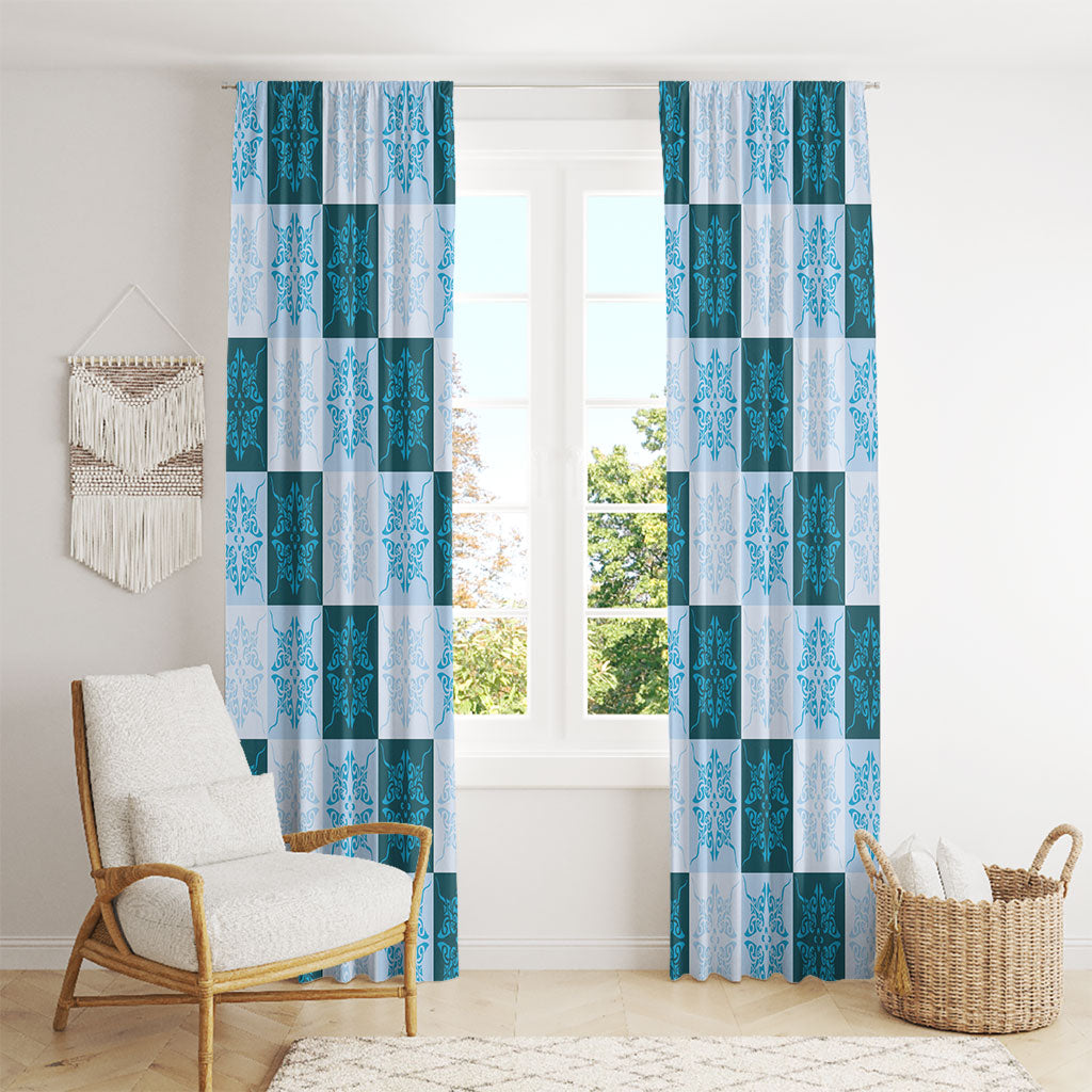 Cyan Manta Ray Hawaiian Quilt Motif Window Curtain