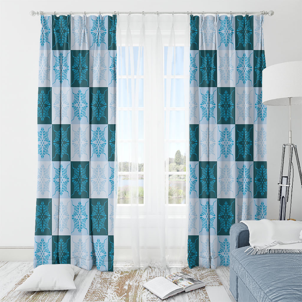 Cyan Manta Ray Hawaiian Quilt Motif Window Curtain