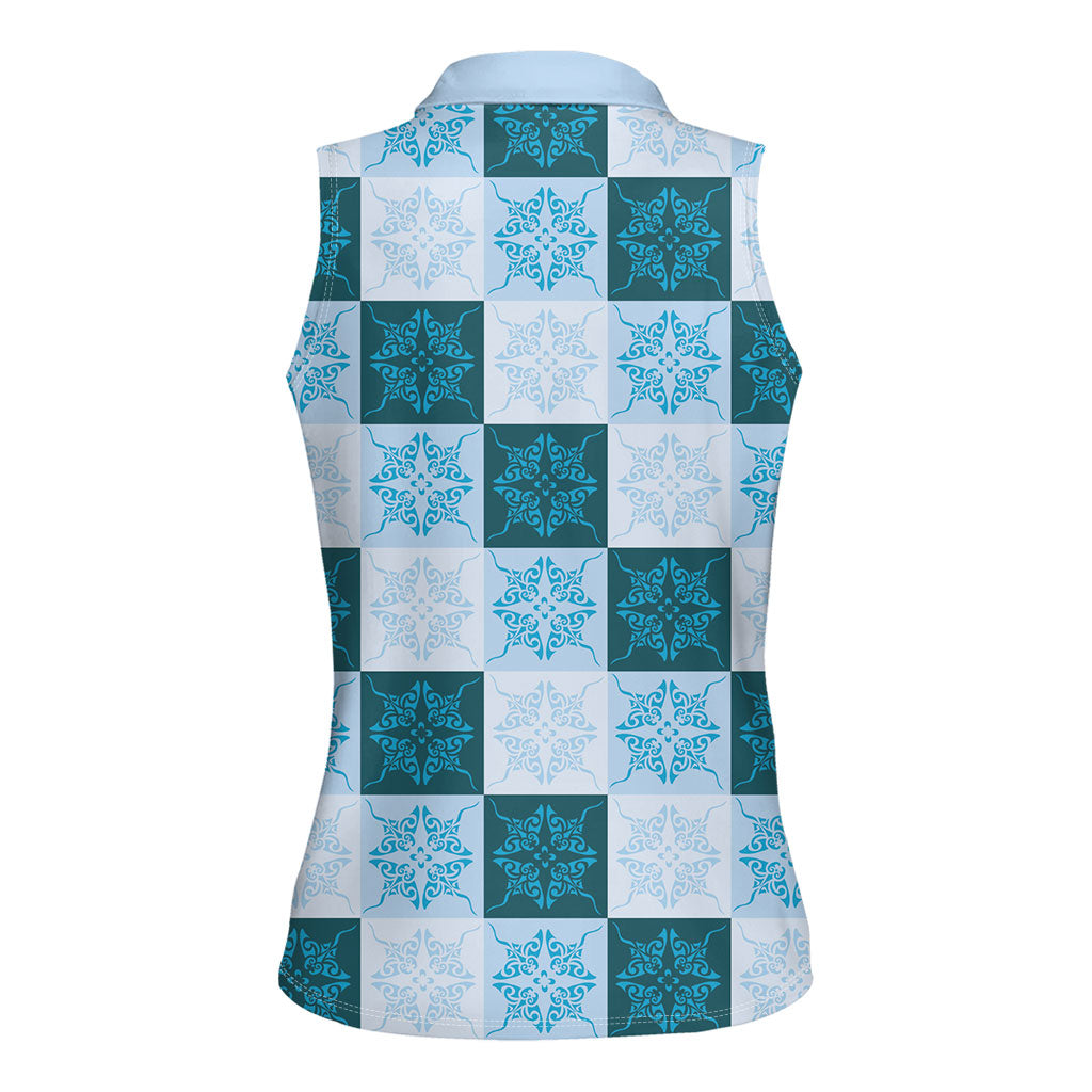 Cyan Manta Ray Hawaiian Quilt Motif Women Sleeveless Polo Shirt