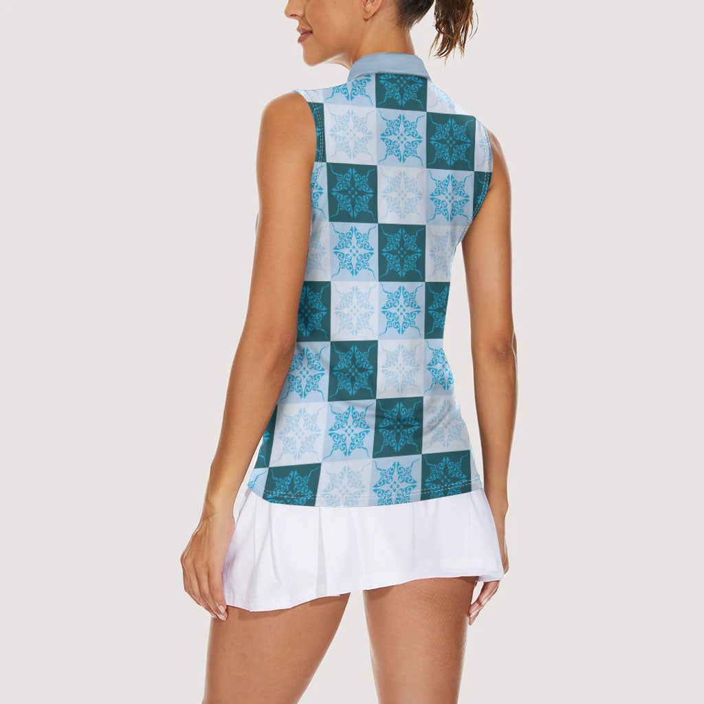 Cyan Manta Ray Hawaiian Quilt Motif Women Sleeveless Polo Shirt