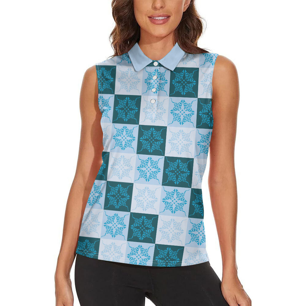 Cyan Manta Ray Hawaiian Quilt Motif Women Sleeveless Polo Shirt