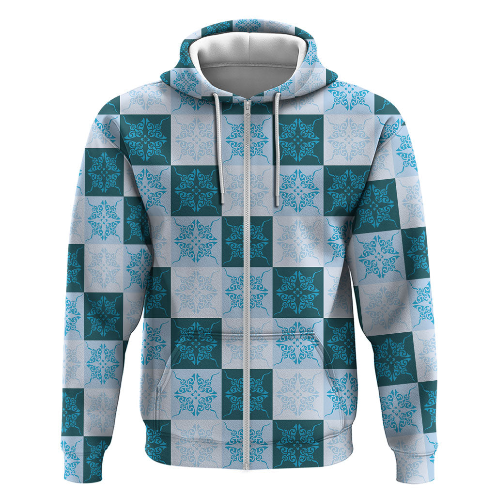 Cyan Manta Ray Hawaiian Quilt Motif Zip Hoodie