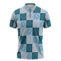 Cyan Manta Ray Hawaiian Quilt Motif Zipper Polo Shirt