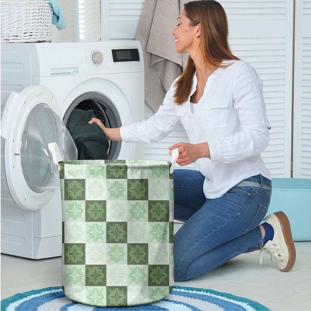 Sage Green Manta Ray Hawaiian Quilt Motif Laundry Basket