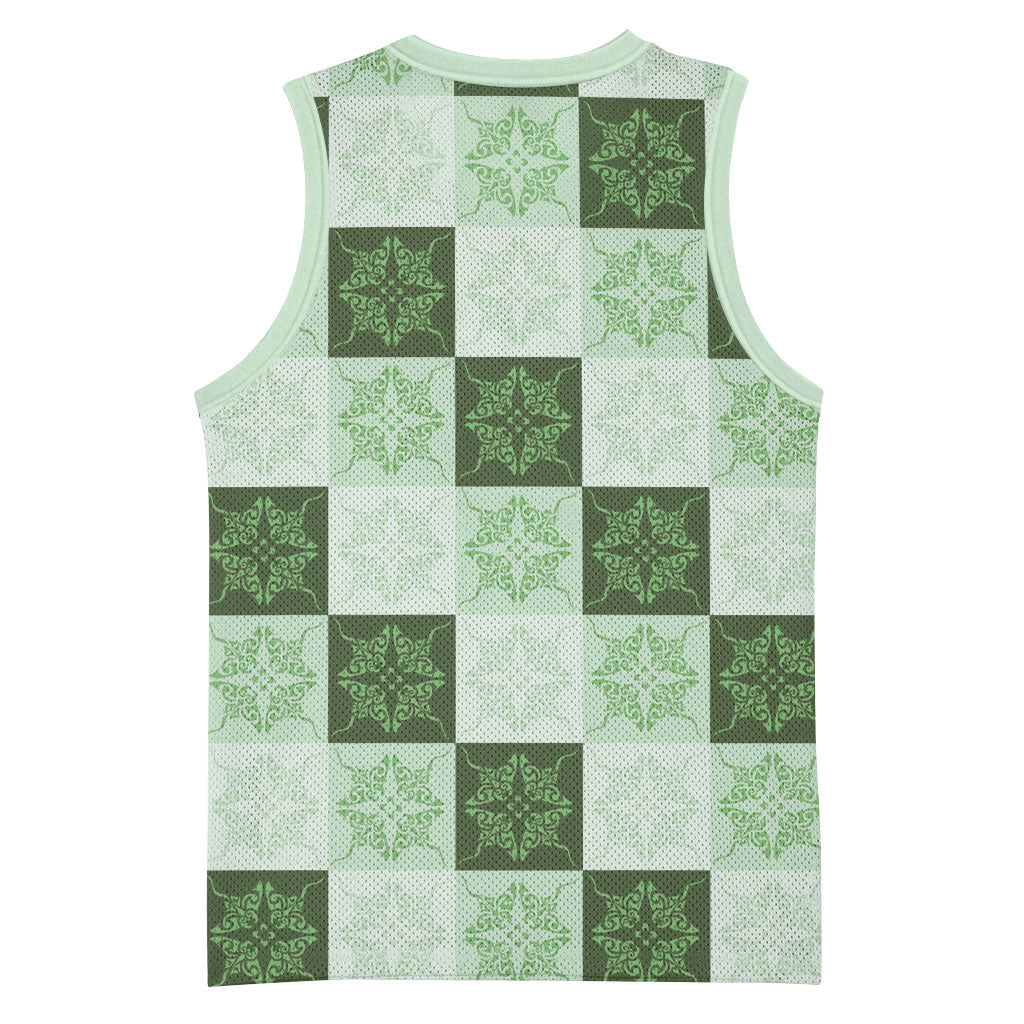 Sage Green Manta Ray Hawaiian Quilt Motif Basketball Jersey