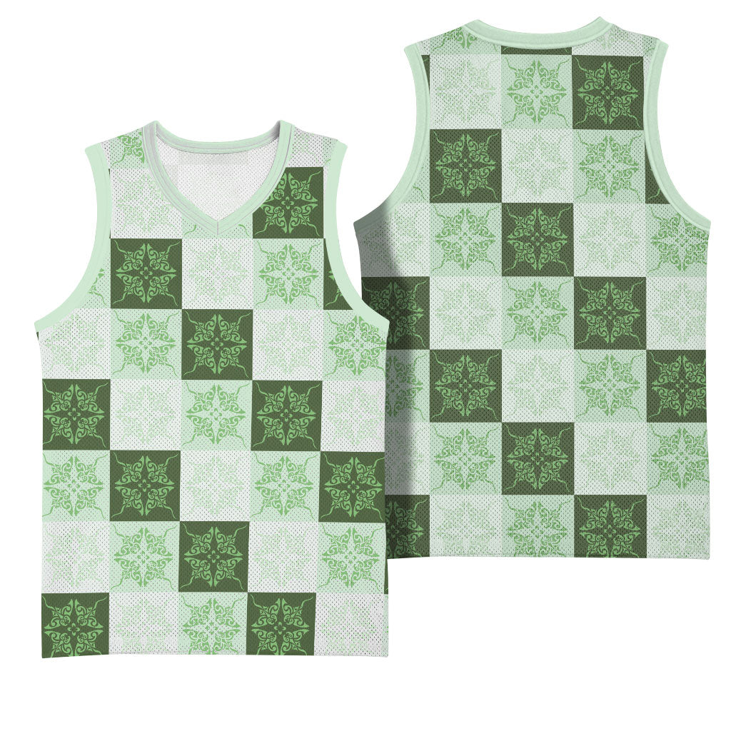 Sage Green Manta Ray Hawaiian Quilt Motif Basketball Jersey