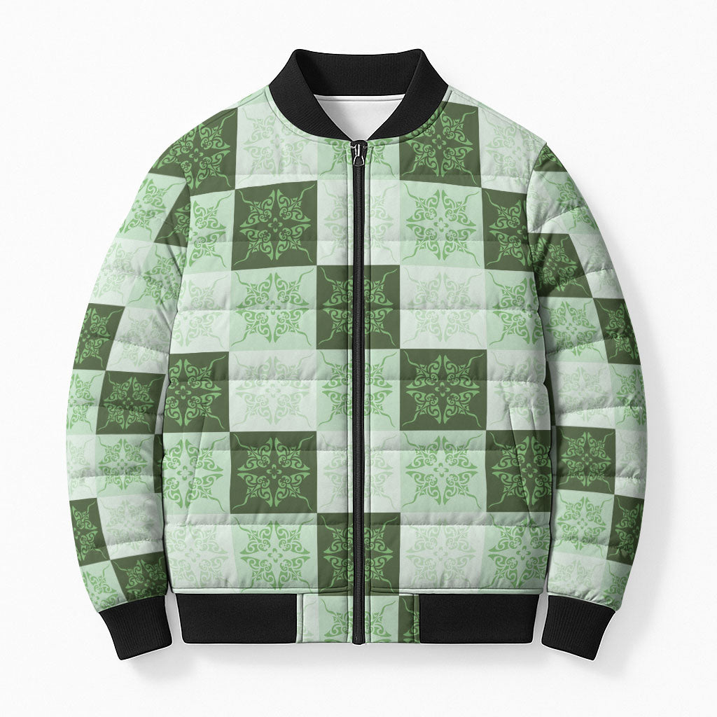 Sage Green Manta Ray Hawaiian Quilt Motif Bomber Puffer Jacket