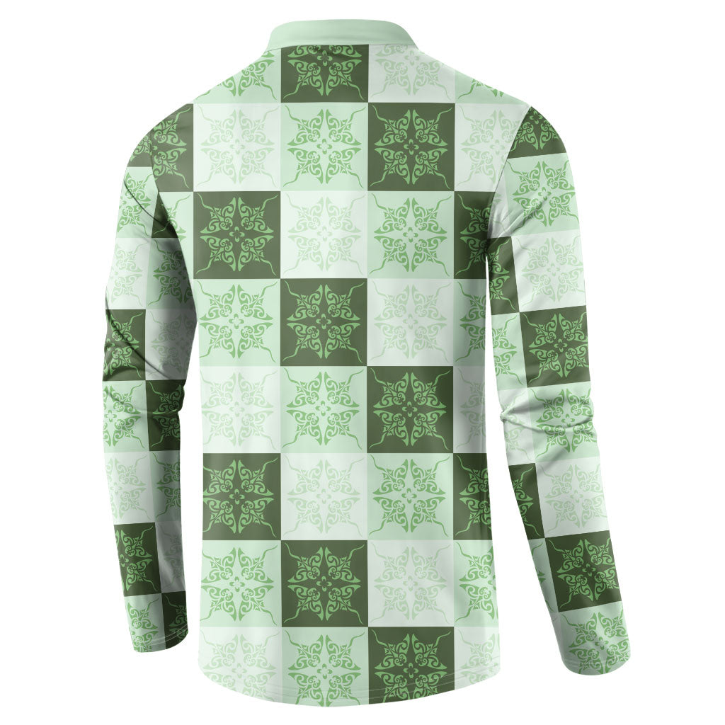 Sage Green Manta Ray Hawaiian Quilt Motif Button Sweatshirt