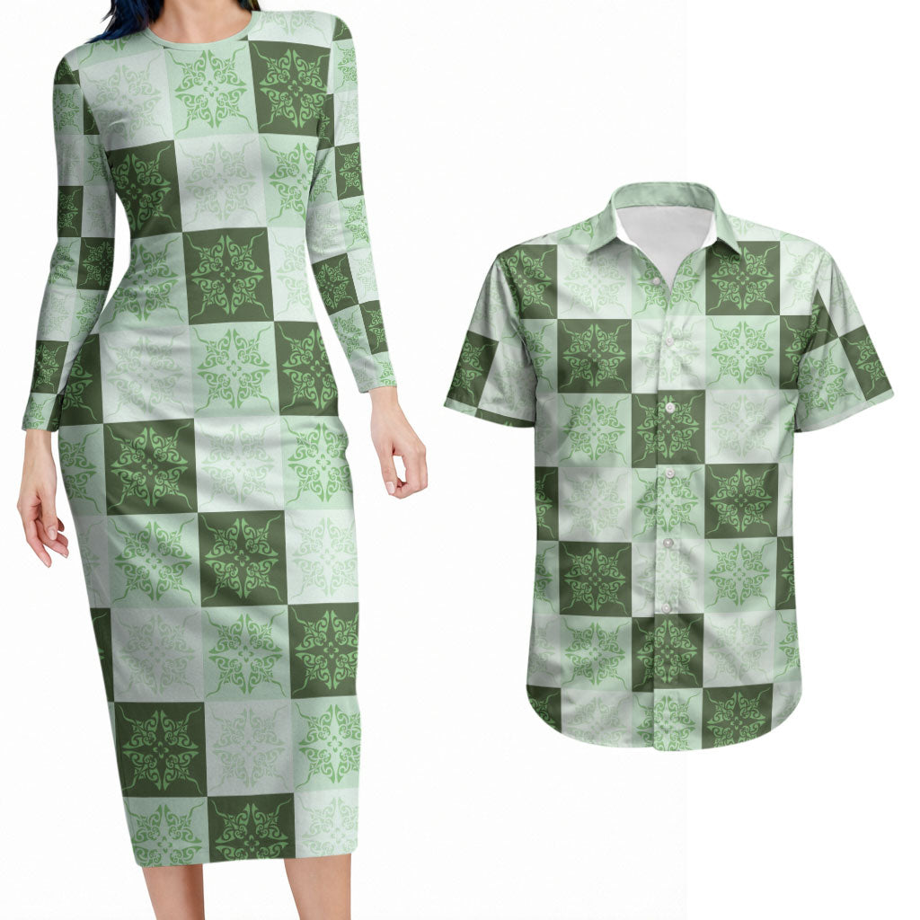 Sage Green Manta Ray Hawaiian Quilt Motif Couples Matching Long Sleeve Bodycon Dress and Hawaiian Shirt
