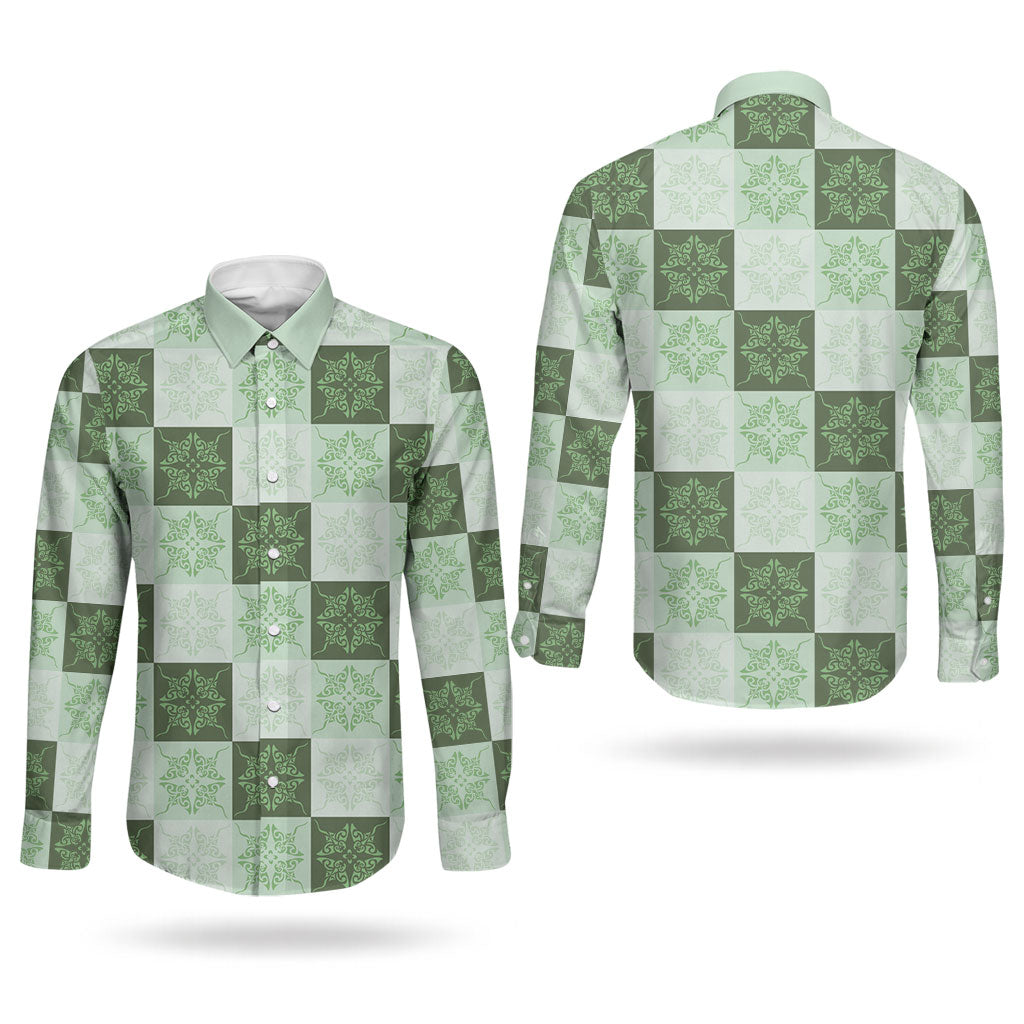 Sage Green Manta Ray Hawaiian Quilt Motif Couples Matching Long Sleeve Bodycon Dress and Long Sleeve Button Shirt